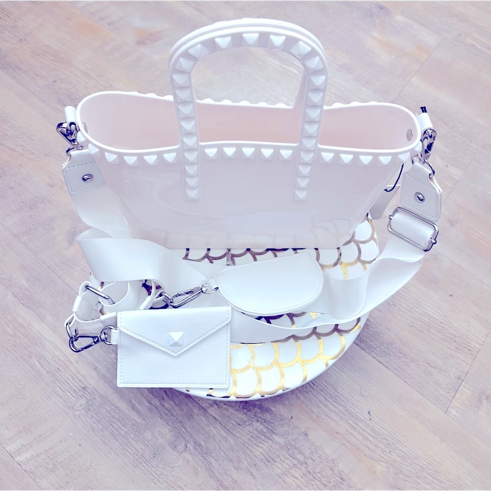 STEVE MADDEN NYC WHITE FOR SPRING JELLY STUDED TOTE